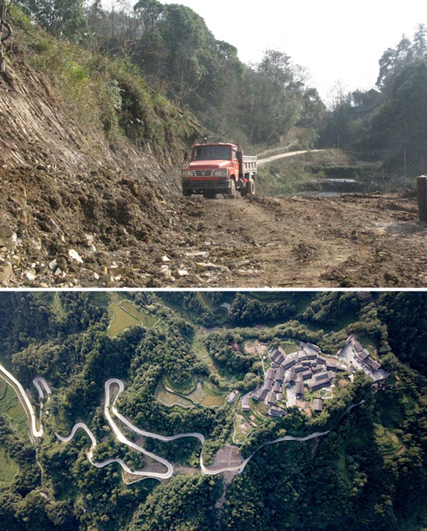 拼版照片：上圖為2011年12月拍攝的湖南省湘西土家族苗族自治州花垣縣十八洞村進(jìn)村道路；下圖為2019年9月拍攝的十八洞村及進(jìn)村道路。